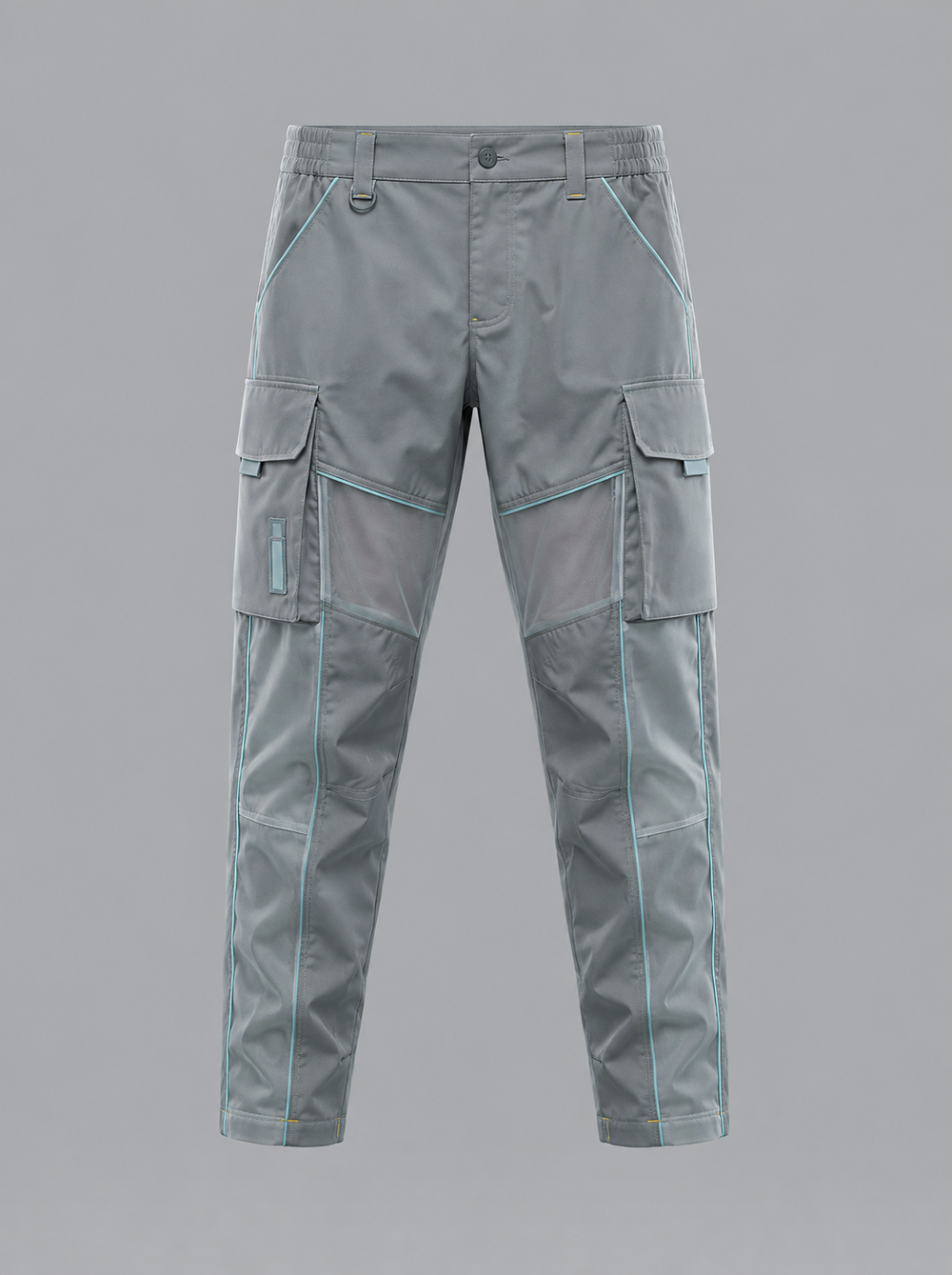 Pantalón cargo técnico gris con detalles azul claro